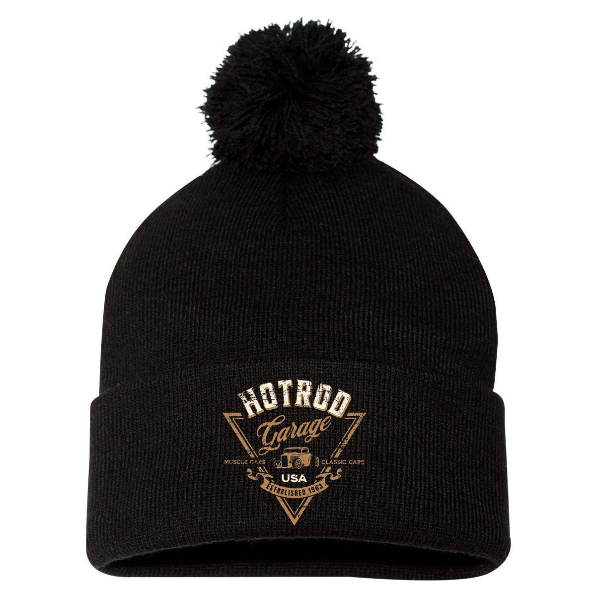 Hotrod Garage Usa Classic Car Hotrod Distressed Design Pom Pom 12in Knit Beanie