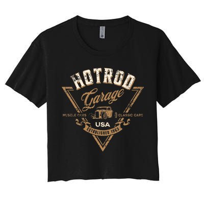 Hotrod Garage Usa Classic Car Hotrod Distressed Design Women's Crop Top Tee