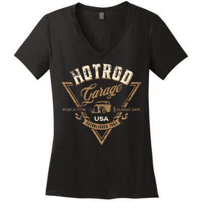 Hotrod Garage Usa Classic Car Hotrod Distressed Design Women's V-Neck T-Shirt