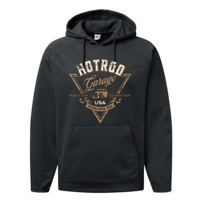 Hotrod Garage Usa Classic Car Hotrod Distressed Design Performance Fleece Hoodie