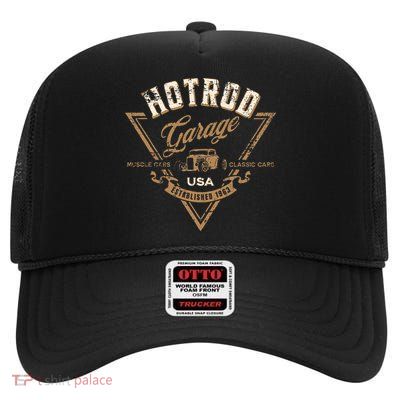 Hotrod Garage Usa Classic Car Hotrod Distressed Design High Crown Mesh Back Trucker Hat