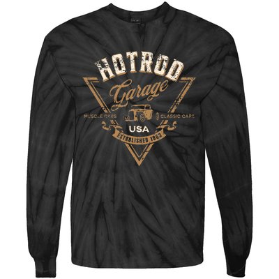 Hotrod Garage Usa Classic Car Hotrod Distressed Design Tie-Dye Long Sleeve Shirt