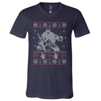 Hockey Goalie Ugly Christmas V-Neck T-Shirt