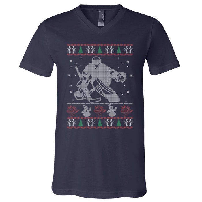 Hockey Goalie Ugly Christmas V-Neck T-Shirt