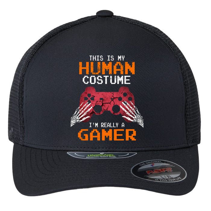 Halloween Gamer Video Games Human Costume Gift Flexfit Unipanel Trucker Cap