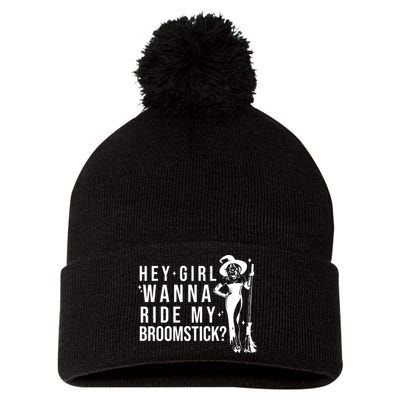 Hey Girl Wanna Ride My Broomstick Funny Witch Pom Pom 12in Knit Beanie