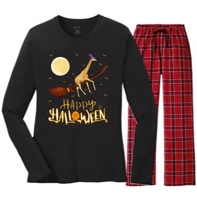 Hilarious Giraffe Witch Ride Halloween Costume Women's Long Sleeve Flannel Pajama Set 