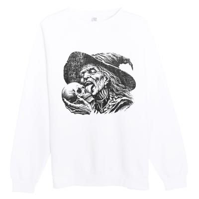 Halloween Granny Witch Licking Skull Funny Grandma Witches Premium Crewneck Sweatshirt