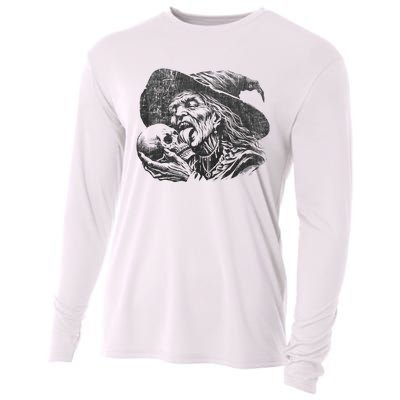 Halloween Granny Witch Licking Skull Funny Grandma Witches Cooling Performance Long Sleeve Crew