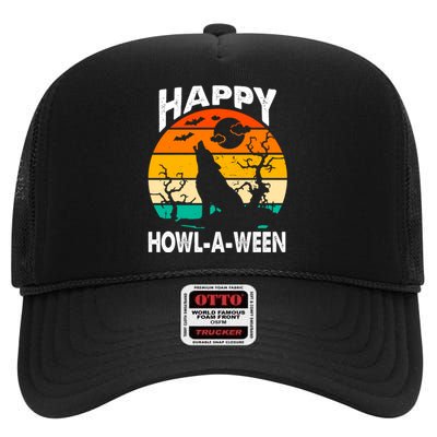 Happy Howl A Ween Halloween Wolf Retro High Crown Mesh Back Trucker Hat