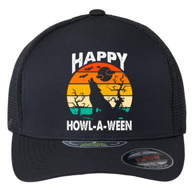 Happy Howl A Ween Halloween Wolf Retro Flexfit Unipanel Trucker Cap