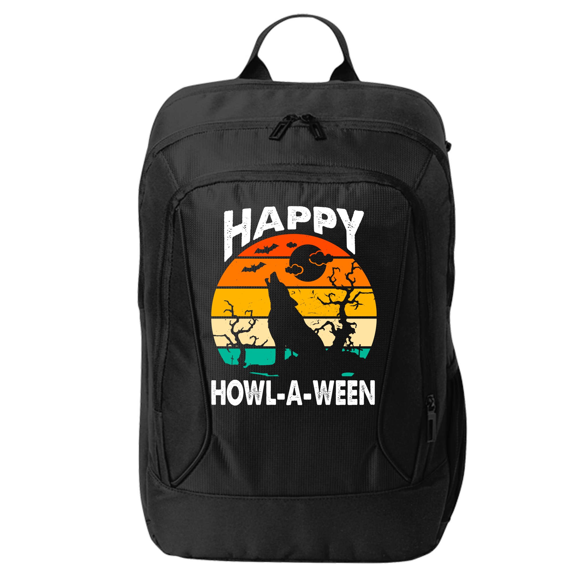 Happy Howl A Ween Halloween Wolf Retro City Backpack