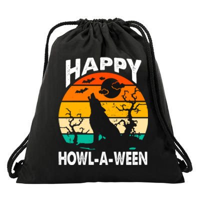 Happy Howl A Ween Halloween Wolf Retro Drawstring Bag