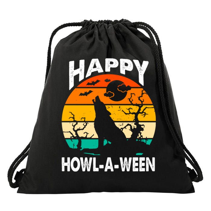 Happy Howl A Ween Halloween Wolf Retro Drawstring Bag