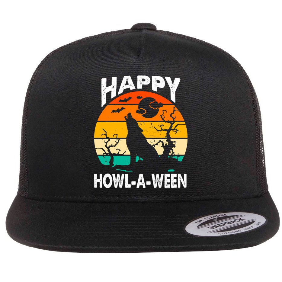 Happy Howl A Ween Halloween Wolf Retro Flat Bill Trucker Hat