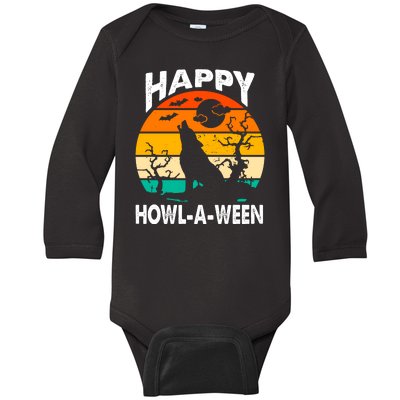 Happy Howl A Ween Halloween Wolf Retro Baby Long Sleeve Bodysuit