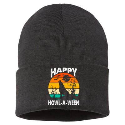 Happy Howl A Ween Halloween Wolf Retro Sustainable Knit Beanie