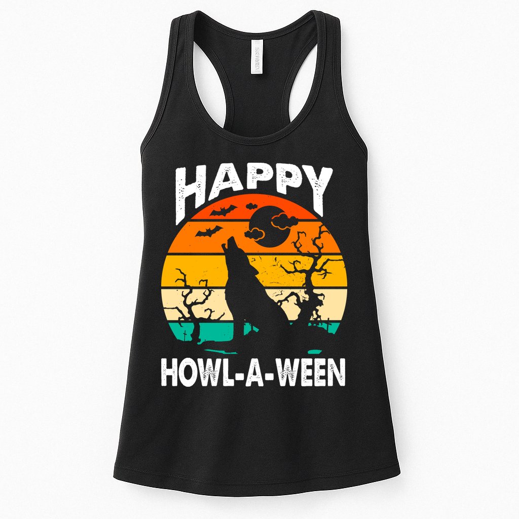 Happy Howl A Ween Halloween Wolf Retro Womens Tank Top