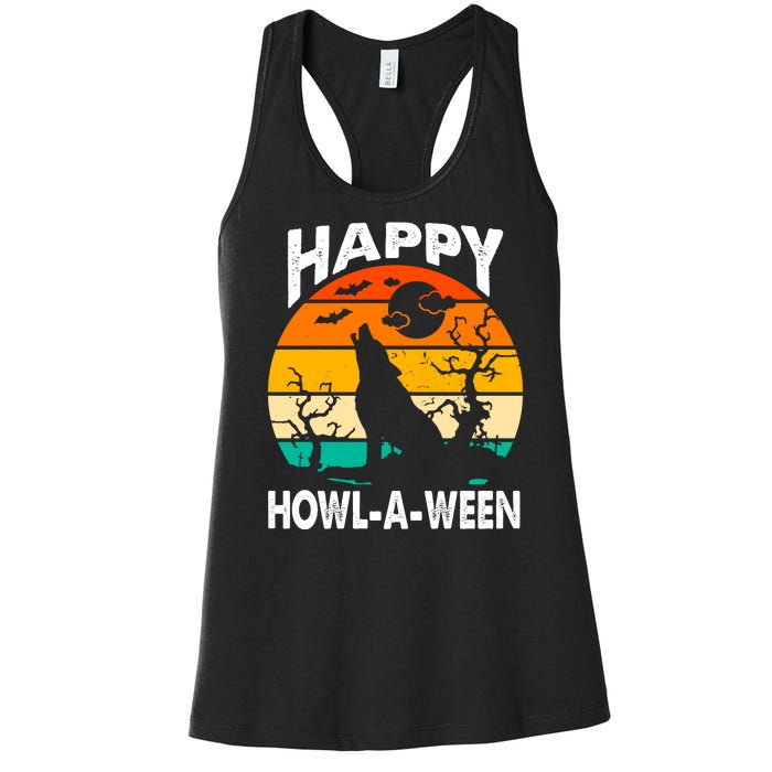 Happy Howl A Ween Halloween Wolf Retro Women's Racerback Tank