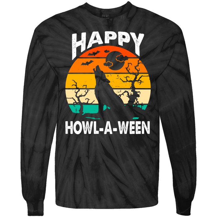 Happy Howl A Ween Halloween Wolf Retro Tie-Dye Long Sleeve Shirt