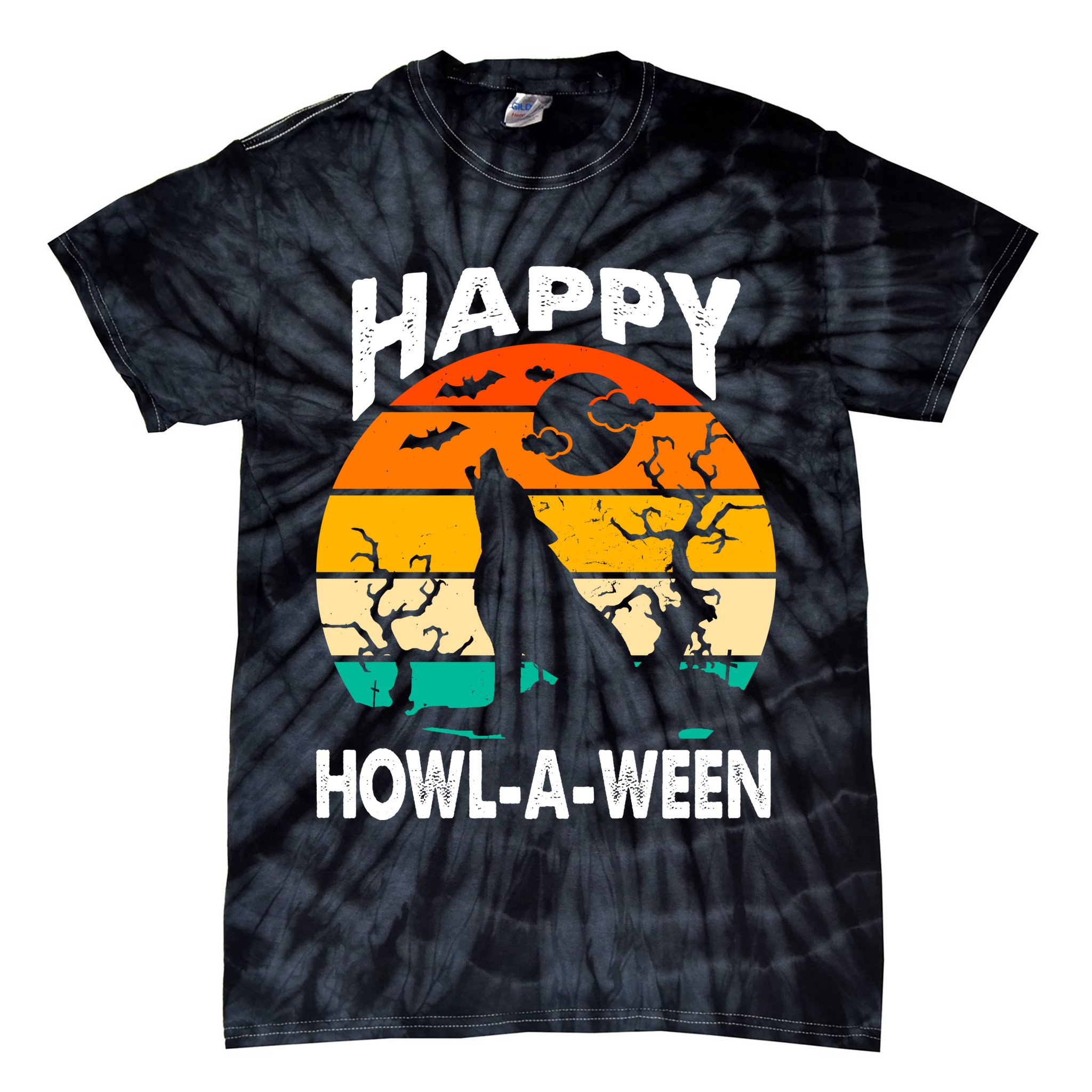 Happy Howl A Ween Halloween Wolf Retro Tie-Dye T-Shirt