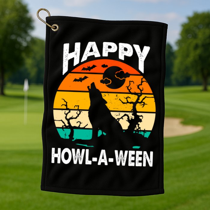 Happy Howl A Ween Halloween Wolf Retro Golf Towel
