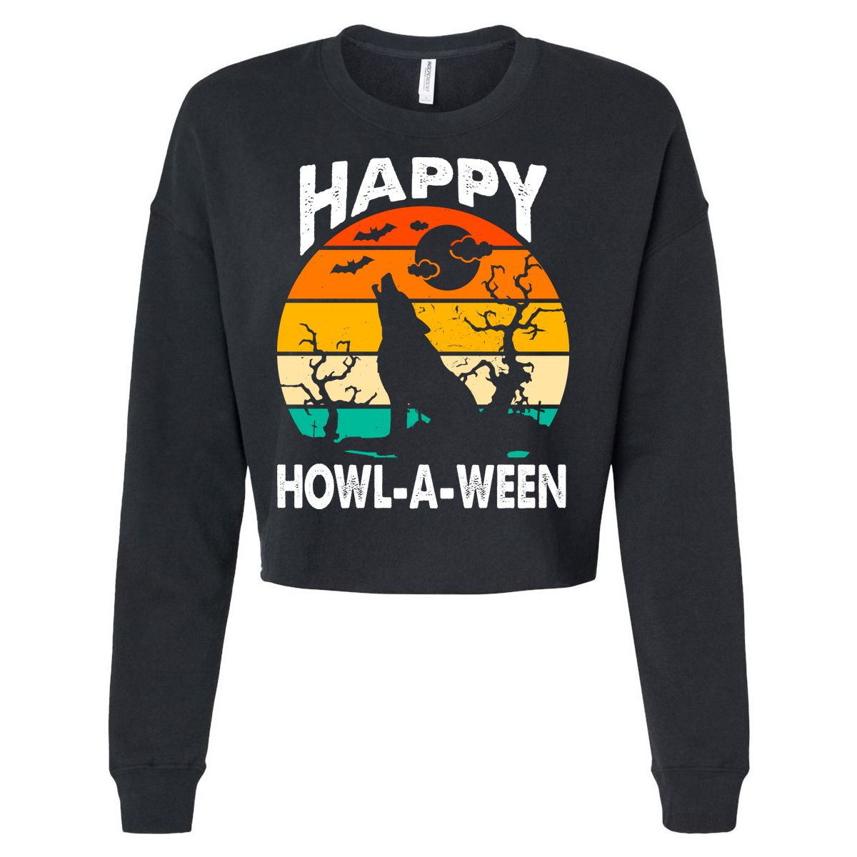 Happy Howl A Ween Halloween Wolf Retro Cropped Pullover Crew