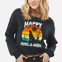 Happy Howl A Ween Halloween Wolf Retro Cropped Pullover Crew