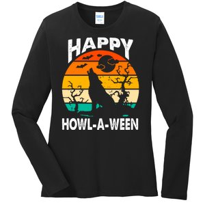 Happy Howl A Ween Halloween Wolf Retro Ladies Long Sleeve Shirt