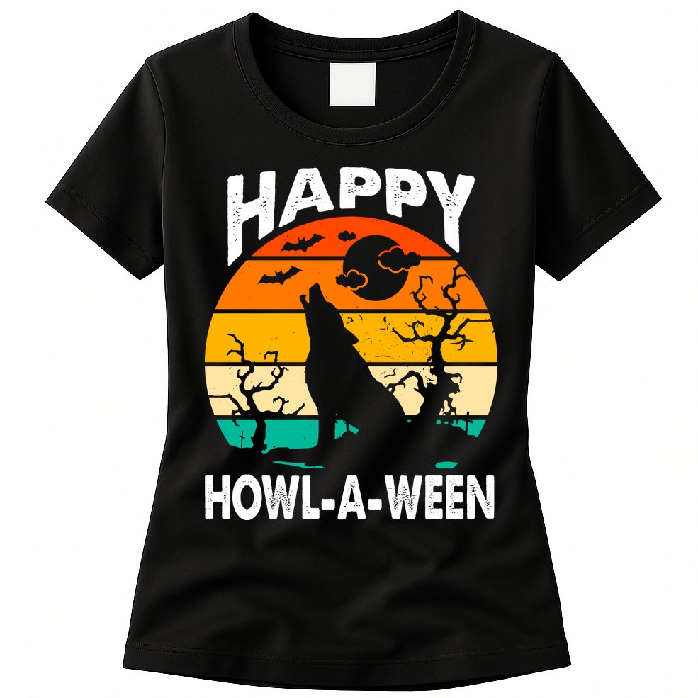 Happy Howl A Ween Halloween Wolf Retro Womens T-Shirt