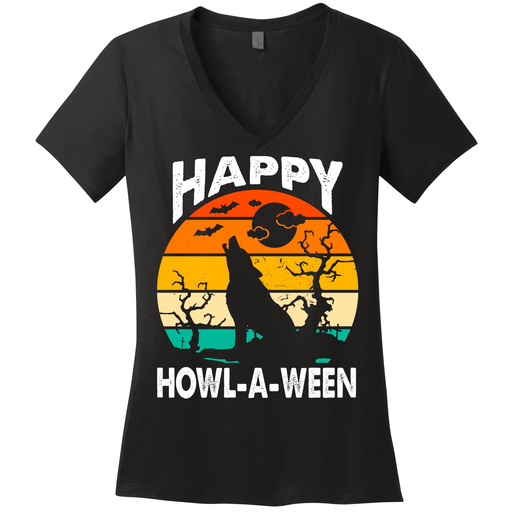 Happy Howl A Ween Halloween Wolf Retro Women's V-Neck T-Shirt