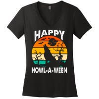 Happy Howl A Ween Halloween Wolf Retro Women's V-Neck T-Shirt