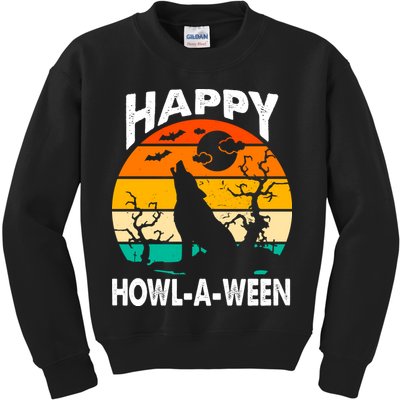 Happy Howl A Ween Halloween Wolf Retro Kids Sweatshirt