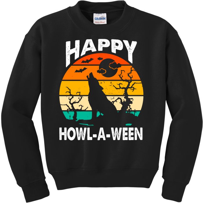 Happy Howl A Ween Halloween Wolf Retro Kids Sweatshirt