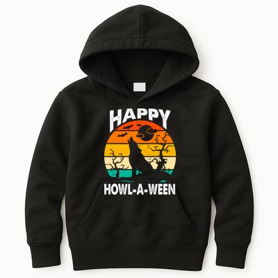 Happy Howl A Ween Halloween Wolf Retro Kids Hoodie