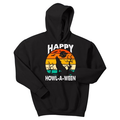 Happy Howl A Ween Halloween Wolf Retro Kids Hoodie