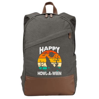 Happy Howl A Ween Halloween Wolf Retro Cotton Canvas Backpack