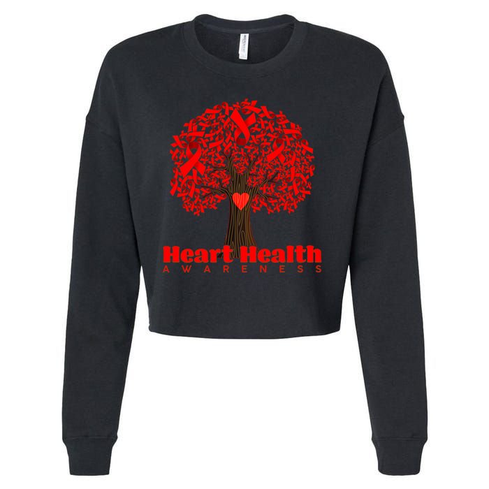 Heart Health Awareness Red Ribbon Heart Tree Cropped Pullover Crew