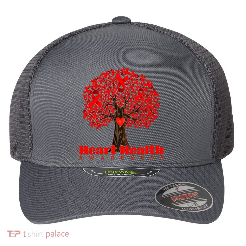 Heart Health Awareness Red Ribbon Heart Tree Flexfit Unipanel Trucker Cap
