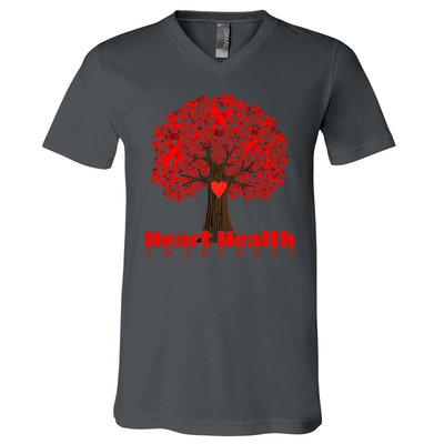 Heart Health Awareness Red Ribbon Heart Tree V-Neck T-Shirt