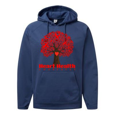 Heart Health Awareness Red Ribbon Heart Tree Performance Fleece Hoodie