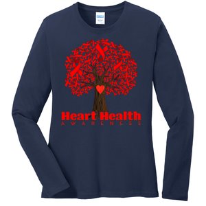 Heart Health Awareness Red Ribbon Heart Tree Ladies Long Sleeve Shirt