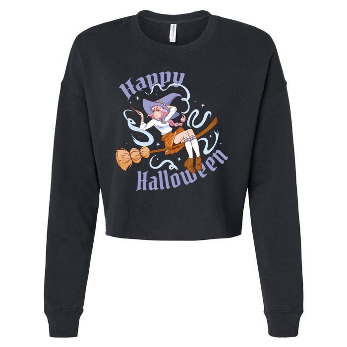 Happy Halloween Anime Witch Girl Cropped Pullover Crew