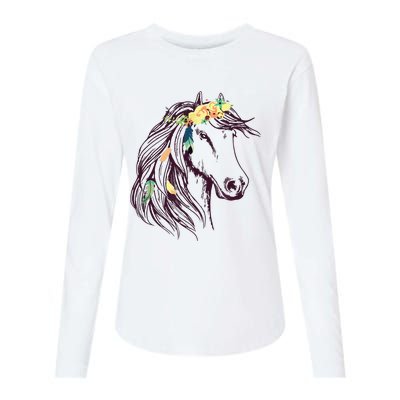 Horse Head Art With Flowers For Animal Lovers Horses Womens Cotton Relaxed Long Sleeve T-Shirt