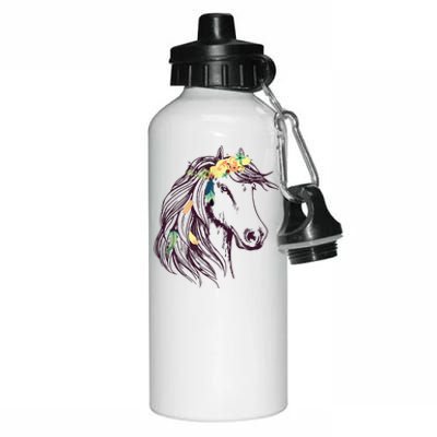 Horse Head Art With Flowers For Animal Lovers Horses Aluminum Water Bottle 