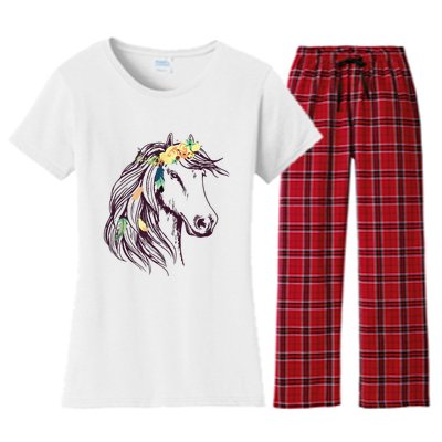 Horse Head Art With Flowers For Animal Lovers Horses Women's Flannel Pajama Set