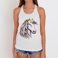 Horse Head Art With Flowers For Animal Lovers Horses Women's Knotted Racerback Tank