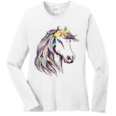 Horse Head Art With Flowers For Animal Lovers Horses Ladies Long Sleeve Shirt