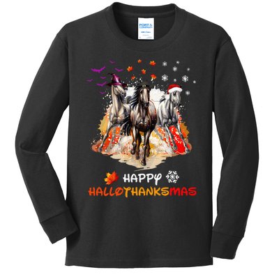 Horse Halloween And Merry Christmas Happy Hallothanksmas Kids Long Sleeve Shirt