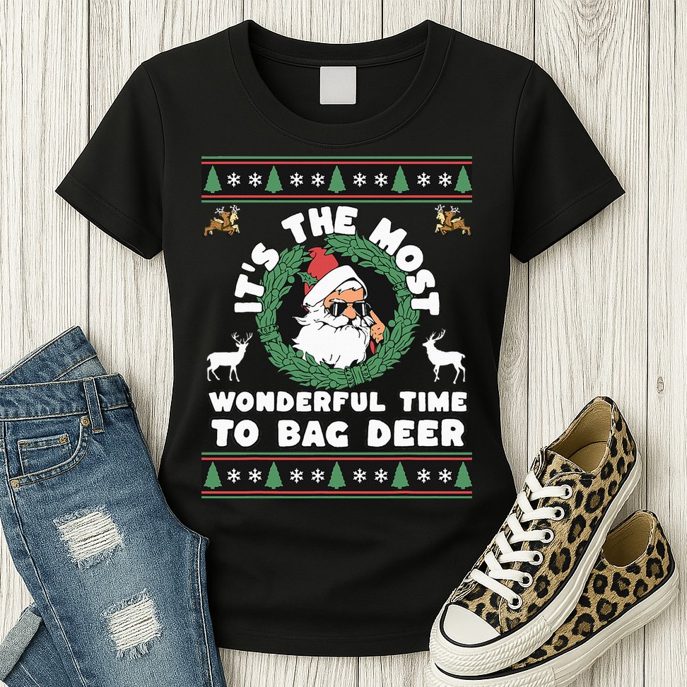 Holiday Hunting Bag with Festive Deer Womens T-Shirt